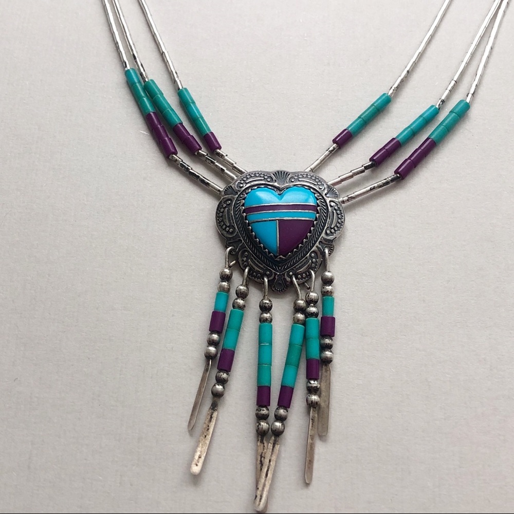 Southwestern Liquid Silver Inlay Turquoise Sugilite Sterling Heart Necklace - Picture 6 of 12